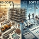 A split-screen illustration contrasting construction "Hard Costs" featuring job site machinery and materials with "Soft Costs" featuring office professionals reviewing blueprints and documentation.