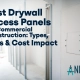 An open white access panel for drywall in a ceiling revealing HVAC ductwork and copper piping for commercial building maintenance
