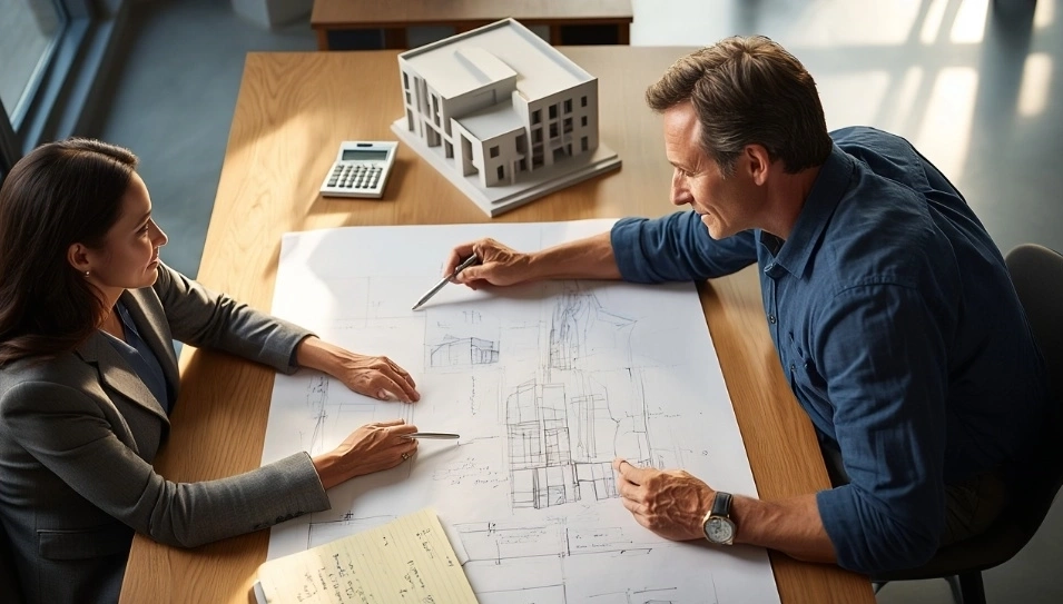 Two professionals discussing different types of construction estimates while reviewing architectural blueprints and a 3D building model in an office setting.