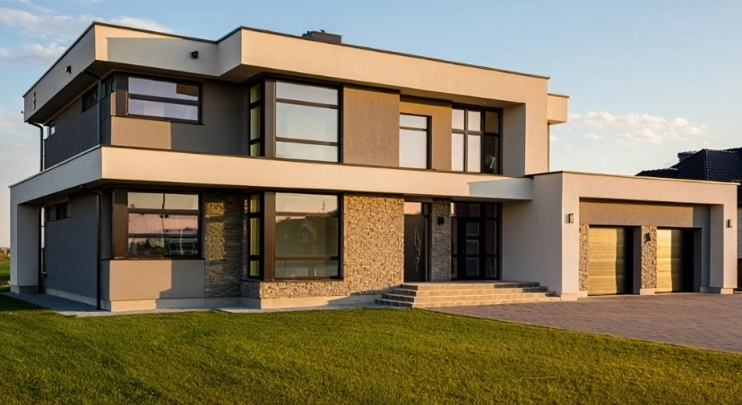 Modern two-story energy-efficient home built with ICF construction, featuring stone and stucco facade, large windows, and a manicured lawn.