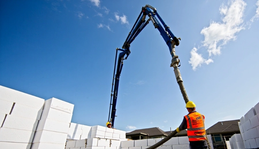 Worker guiding a concrete pump boom to fill ICF wall cavities during a residential ICF construction project under a clear sky.