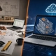 A split composition with a manual estimator (scale ruler, calculator, marked-up plans) on the left and an AI/cloud estimating workflow scanning the same drawings on the right, in a polished editorial style with blue-gray tones and orange highlights.