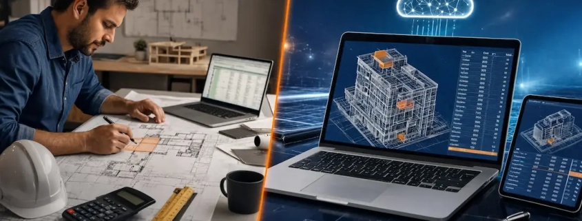 A split composition with a manual estimator (scale ruler, calculator, marked-up plans) on the left and an AI/cloud estimating workflow scanning the same drawings on the right, in a polished editorial style with blue-gray tones and orange highlights.