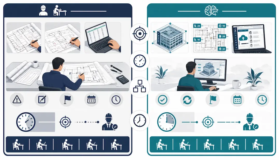 Two separate isometric panels contrasting manual vs. AI takeoff workflows with icons for error checking, revisions, flags, deadlines, and time savings in a navy/steel/teal palette.