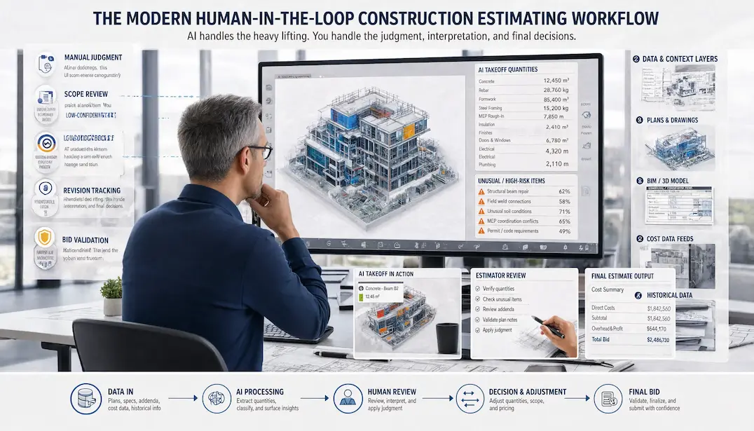 The senior estimator reviewing AI-generated takeoffs on a large screen, surrounded by icon-based elements for judgment, scope review, flags, revision tracking, and bid validation — this version is text-free per your brief.