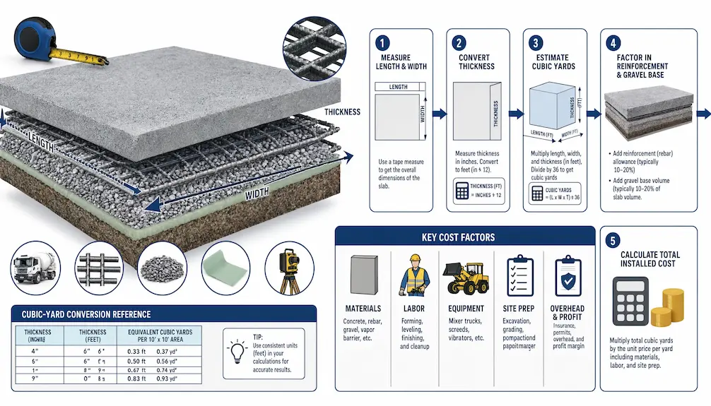 How to Calculate Slab Cost — A step-by-step workflow (measure, convert thickness, estimate cubic yards, factor reinforcement/gravel, total installed cost) with a layered slab cutaway, cubic-yard conversion reference, and key cost-factor icons.