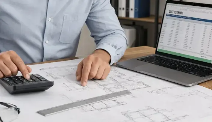 Cost estimator reviewing blueprints and laptop spreadsheet for construction estimating services in Massachusetts.