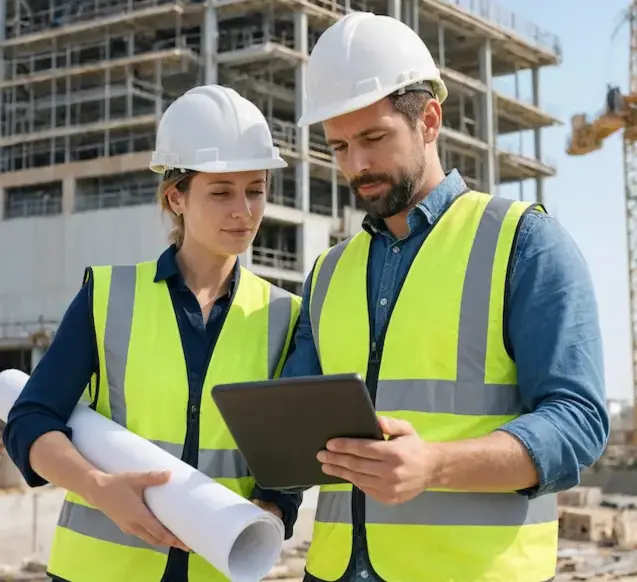 Two engineers with hard hats and tablet on-site providing Massachusetts construction estimating services.