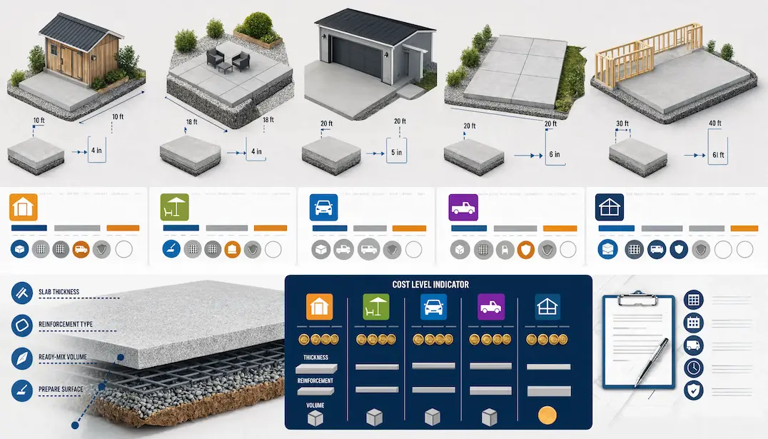 Size & Project Comparison — Isometric cutaway panels for a shed pad, patio, garage floor, driveway, and house foundation slab, each with dimensions, thickness, and a cost-level indicator.